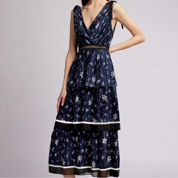 Self Portrait Women's Tiered Star Satin Printed Midi
Dress Navy Floral - Picture 1 of 11